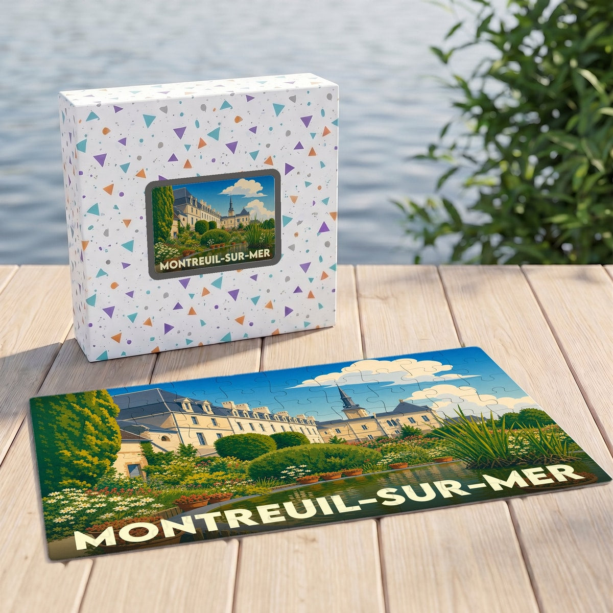 Puzzle souvenir de la ville de Montreuil-sur-Mer avec une illustration stylisée d'un jardin devant les remparts.