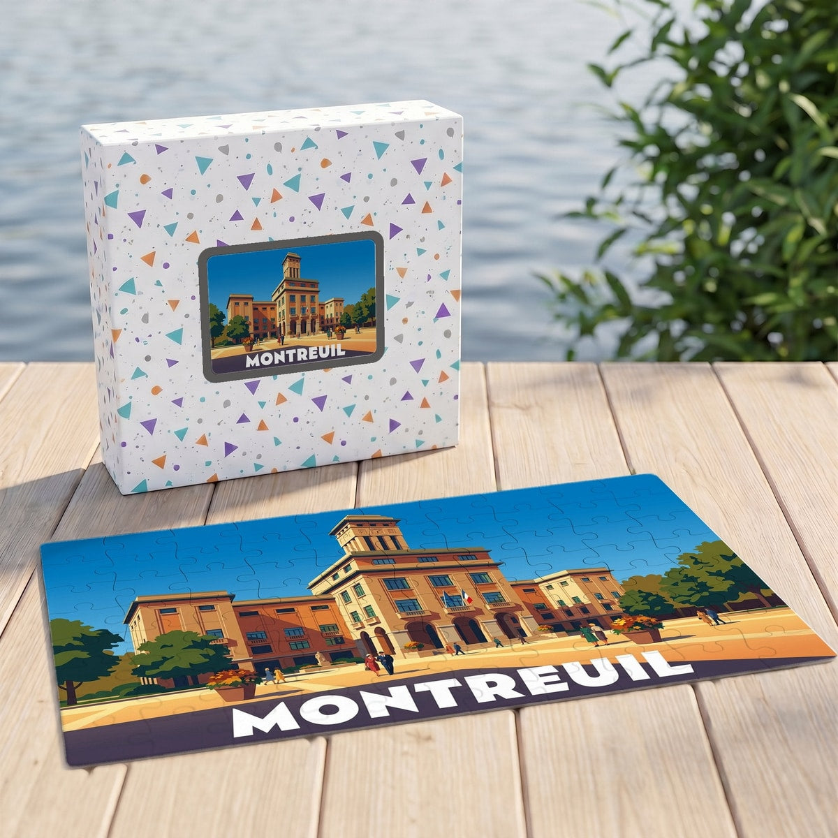 Puzzle souvenir de la ville de Montreuil avec une illustration stylisée de son hôtel de ville.