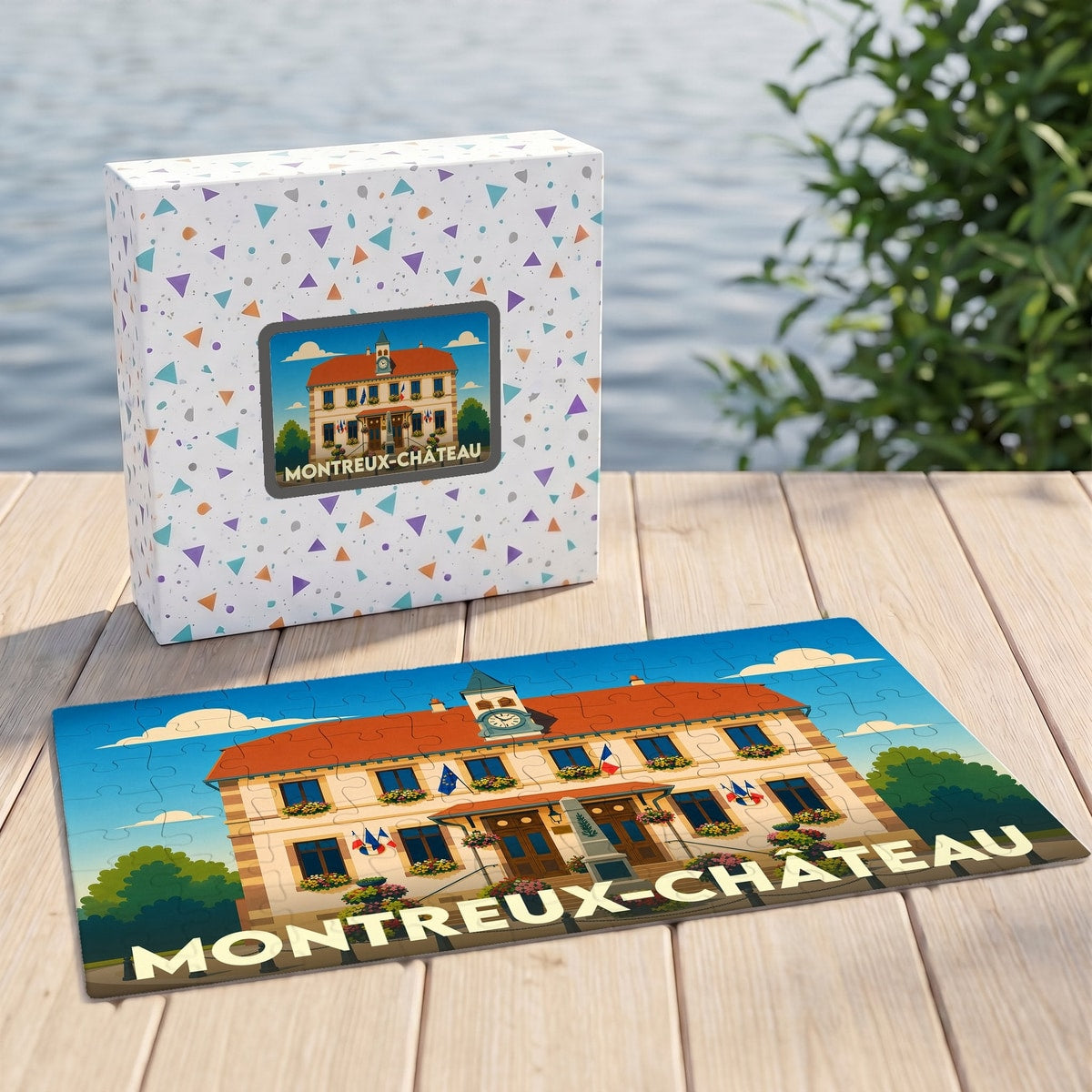 Puzzle souvenir de la ville de Montreux-Château avec une illustration stylisée de sa mairie.