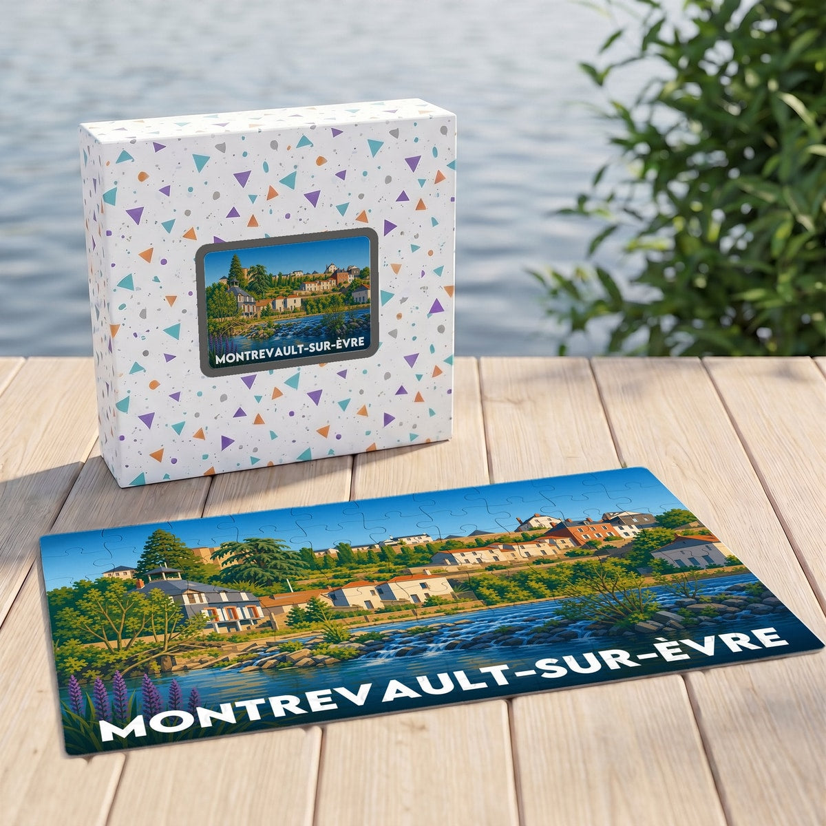 Puzzle souvenir de la ville de Montrevault-sur-Èvre avec une illustration stylisée d'un paysage fluvial.