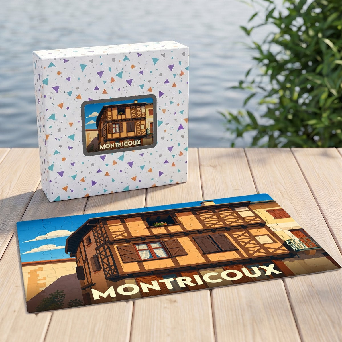 Puzzle souvenir de la ville de Montricoux illustré par un bâtiment médiéval à colombages.