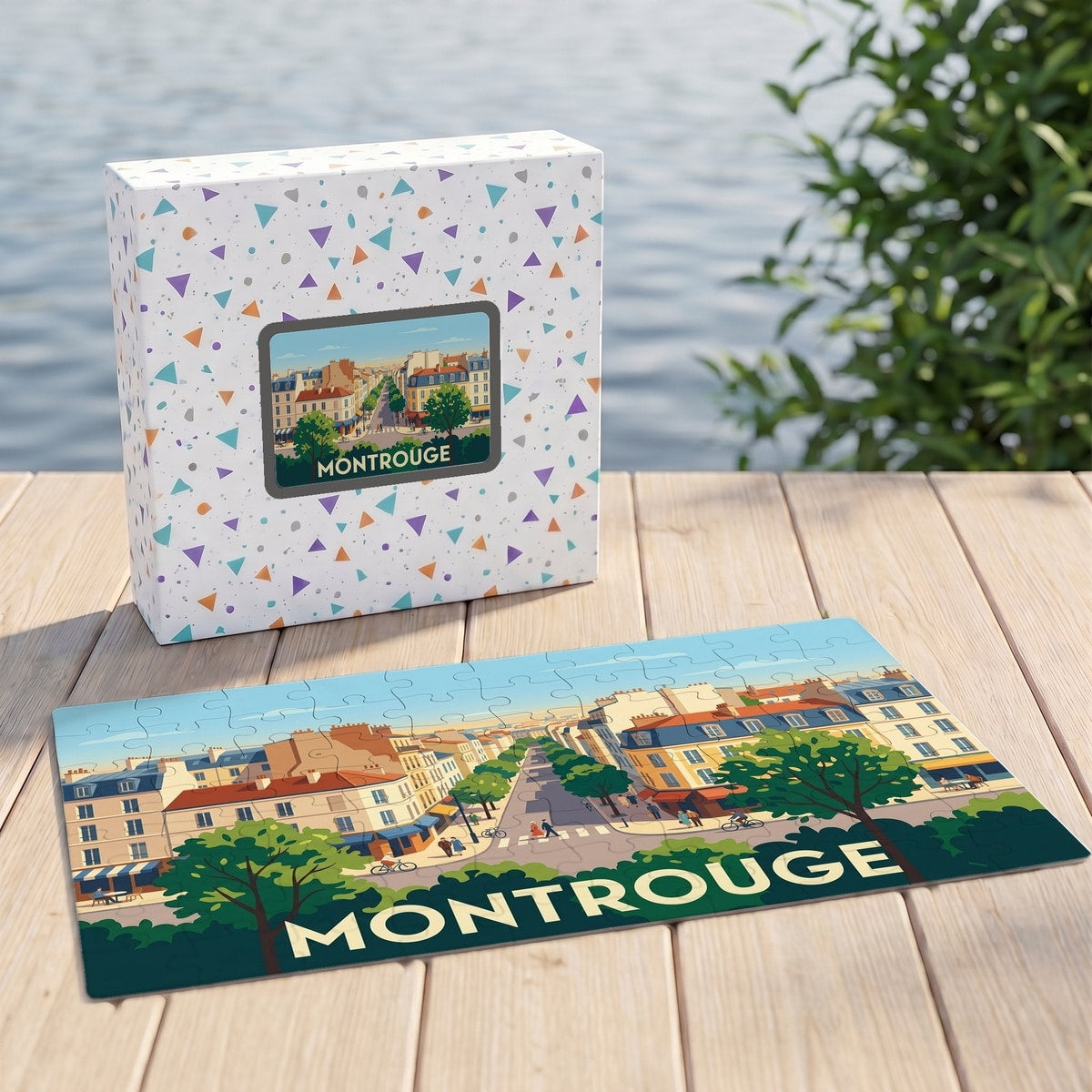Puzzle souvenir de la ville de Montrouge avec une illustration stylisée et sa boîte assortie.