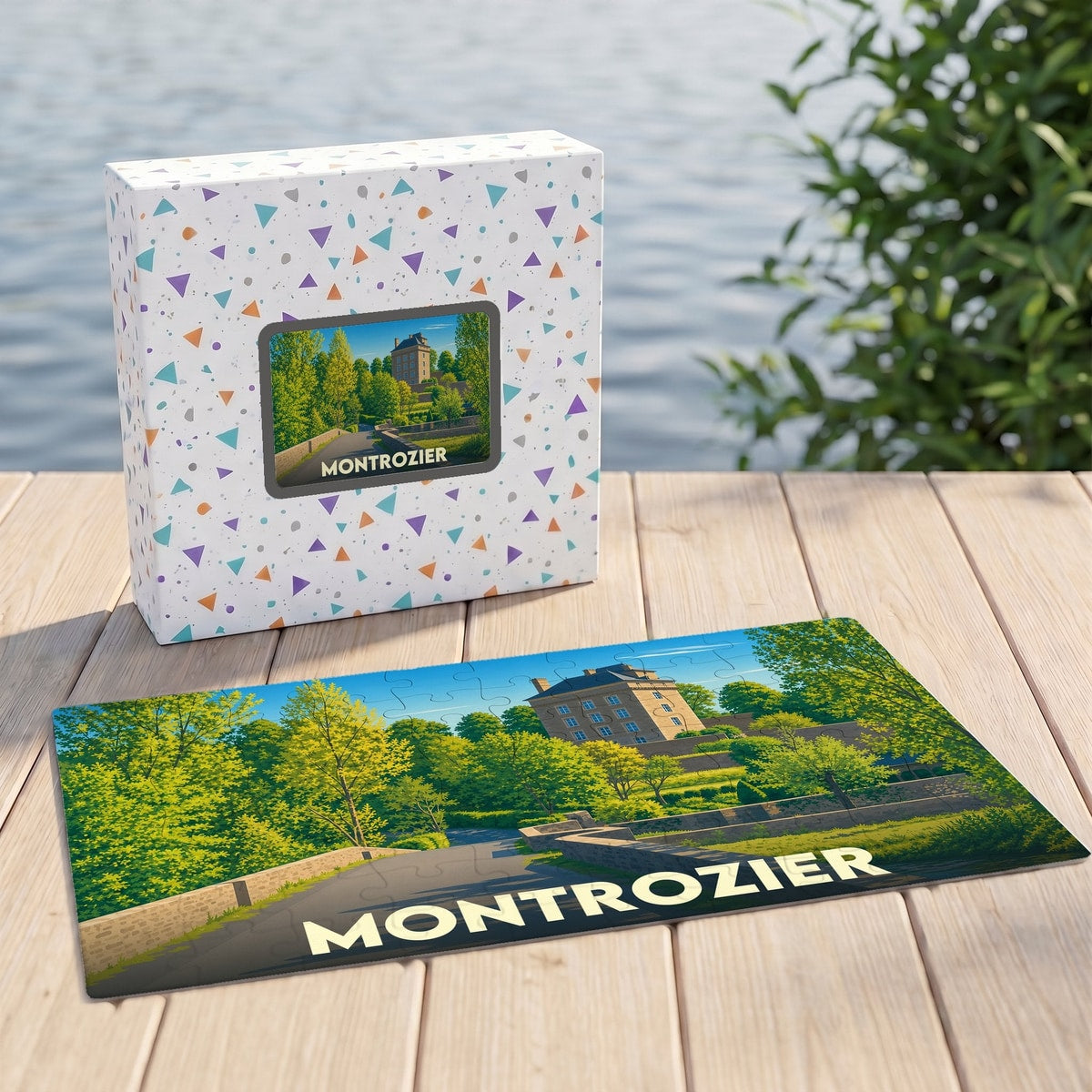 Puzzle souvenir de la ville de Montrozier avec une illustration stylisée d'un château entouré de verdure.