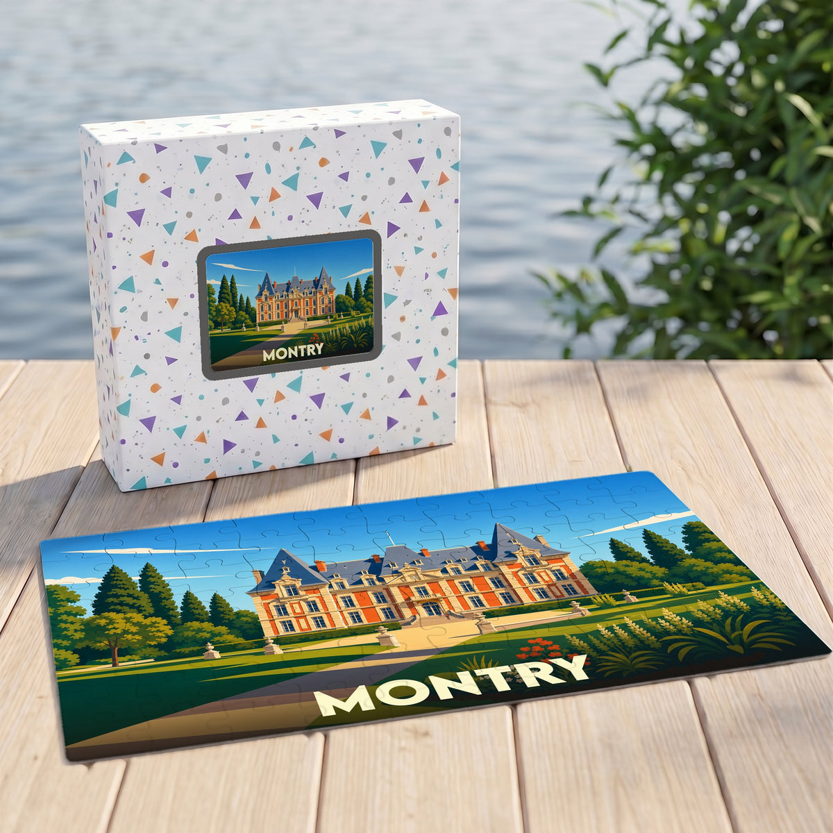 Puzzle souvenir de la ville de Montry illustrant un château coloré dans un style graphique épuré.