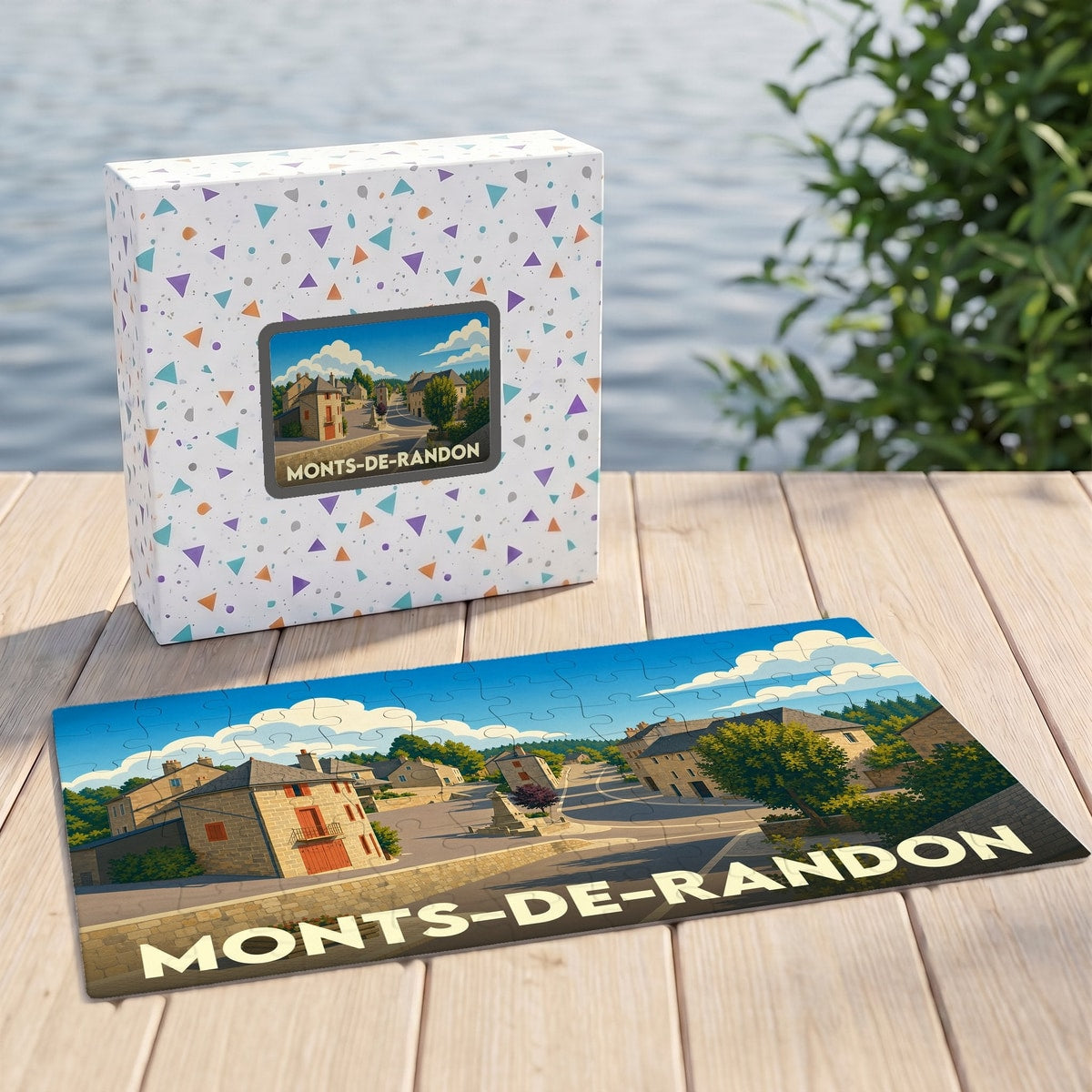 Puzzle souvenir de la commune de Monts-de-Randon avec une illustration paysagère stylisée.