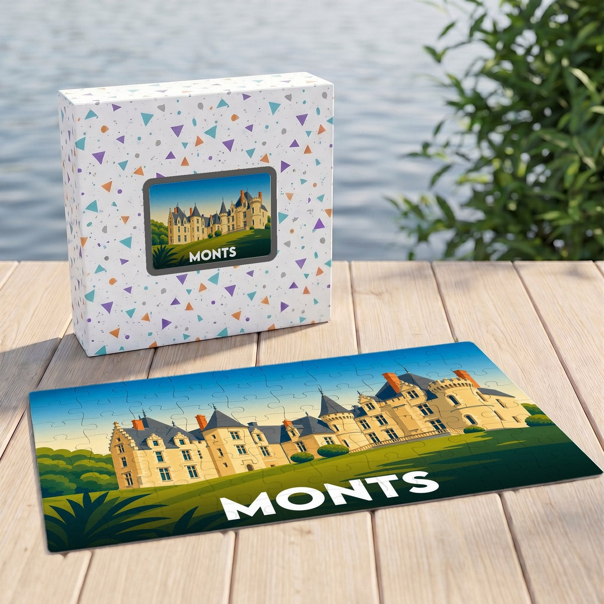 Puzzle souvenir de la ville de Monts représentant son château avec une illustration stylisée.