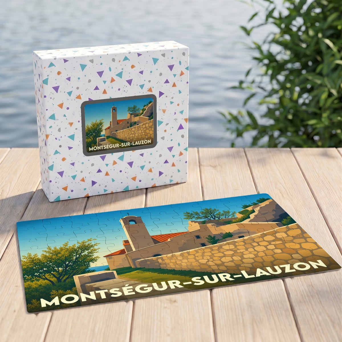 Puzzle souvenir de la ville de Montségur-sur-Lauzon avec une illustration graphique de son architecture provençale.