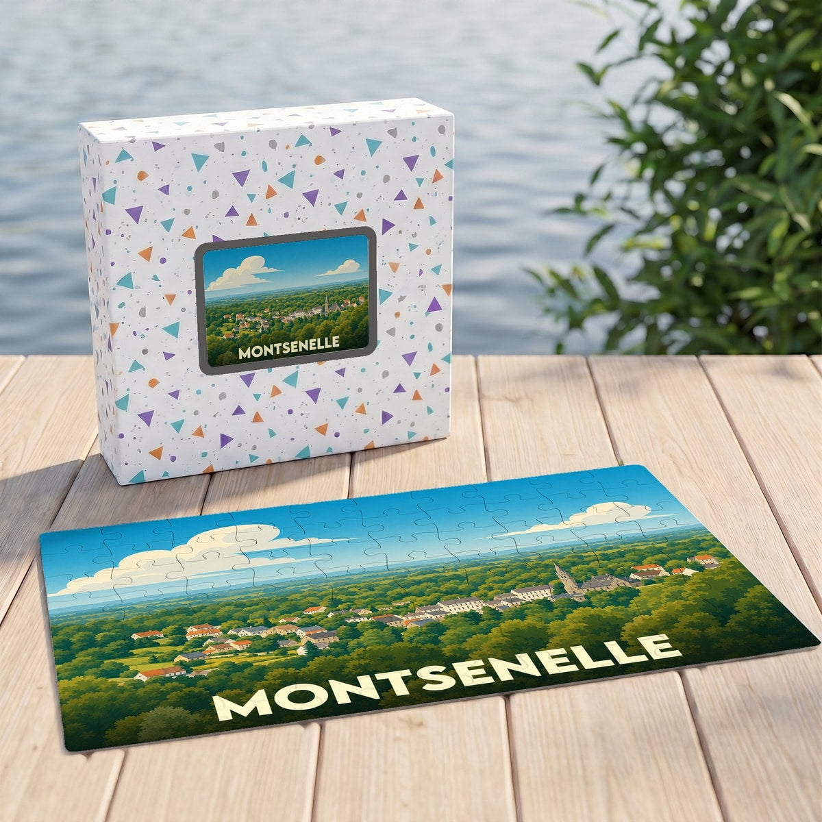 Puzzle souvenir de la ville de Montsenelle avec une illustration paysagère stylisée.
