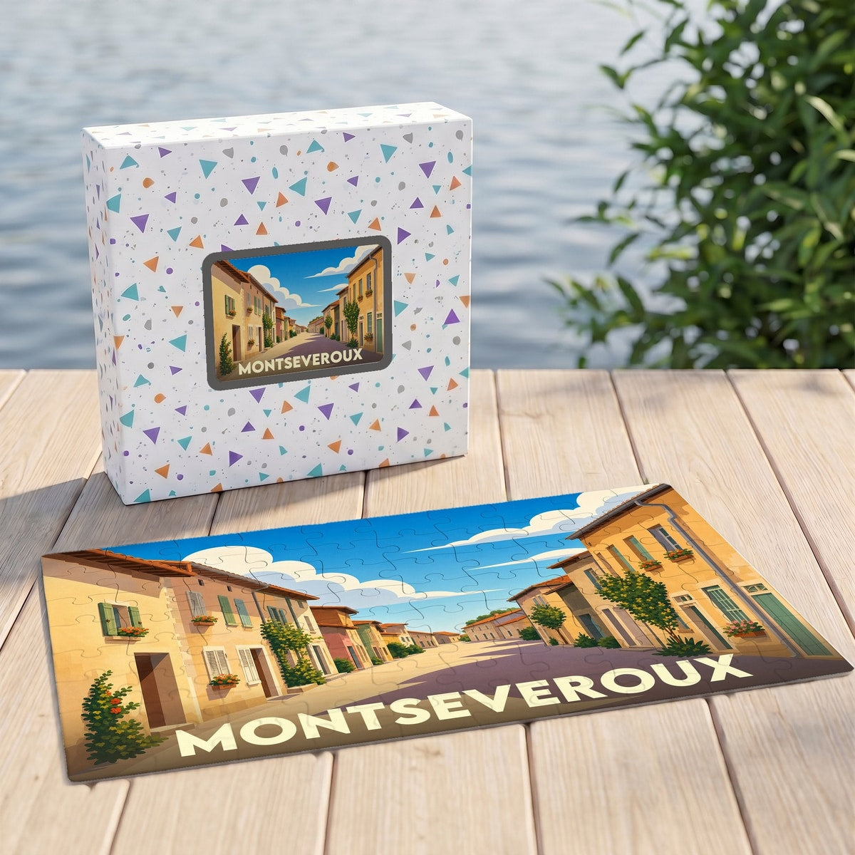 Puzzle souvenir de la ville de Montseveroux avec une illustration stylisée d'une rue ensoleillée.