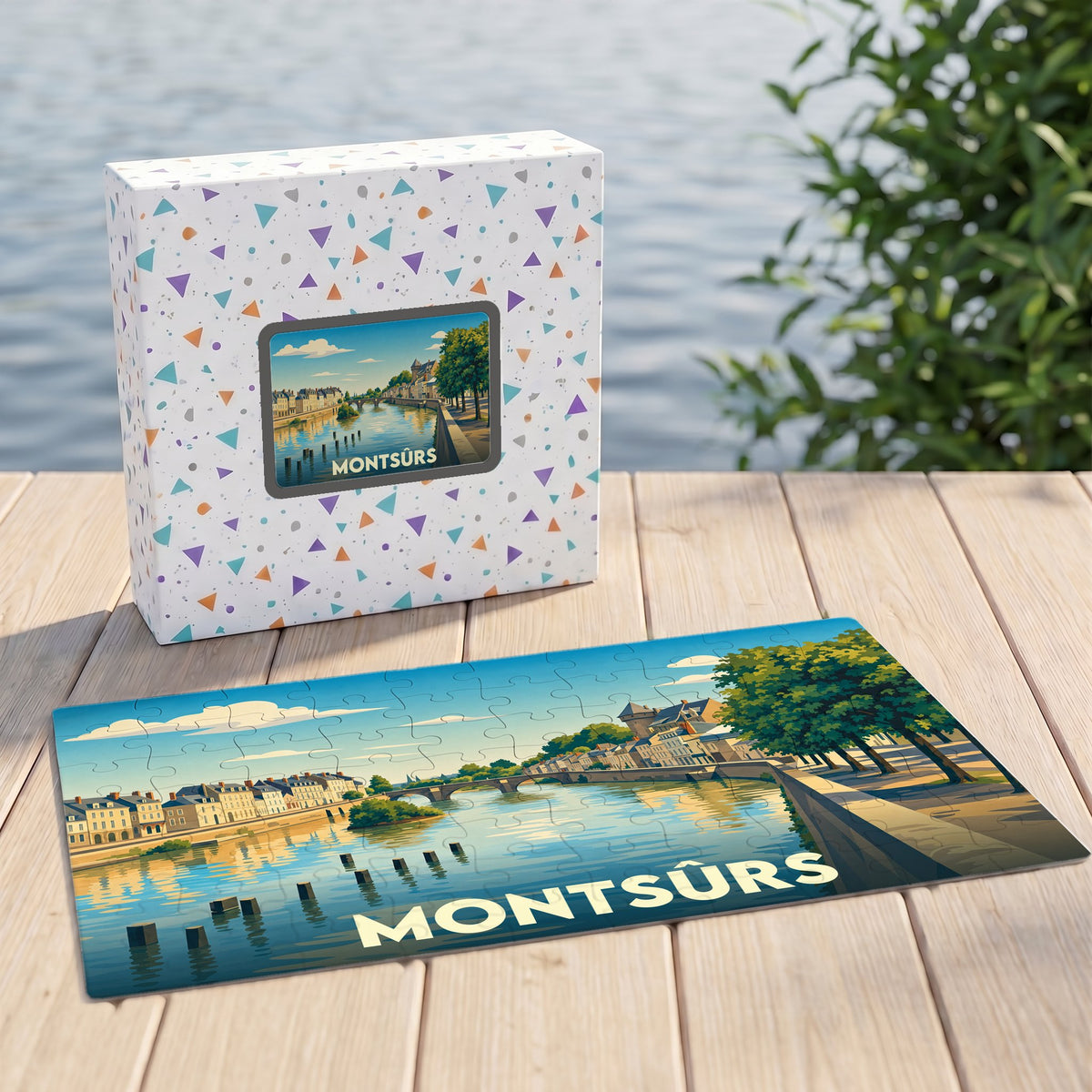 Puzzle souvenir de la ville de Montsûrs avec une illustration stylisée d'un paysage fluvial.