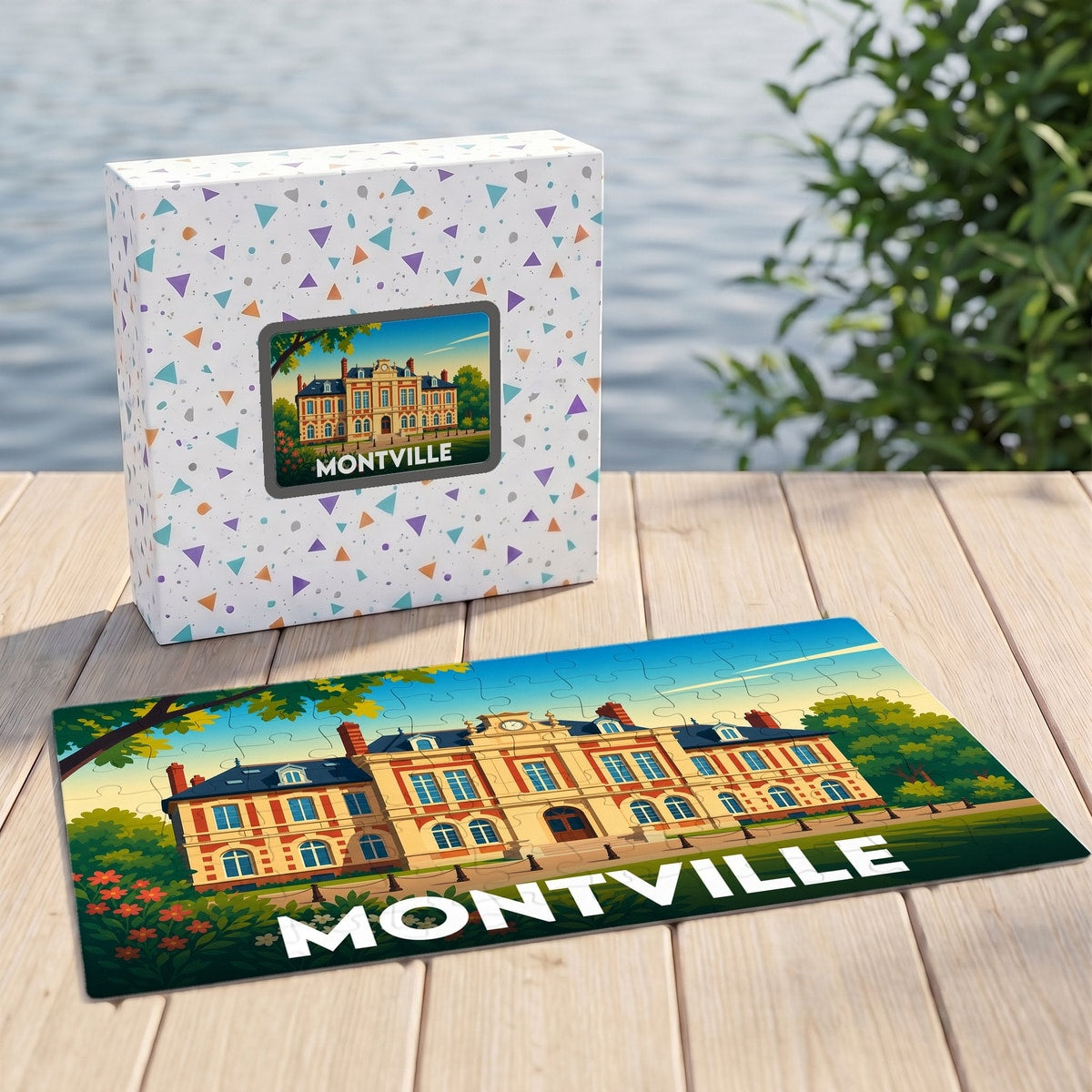 Puzzle souvenir de la ville de Montville avec une illustration stylisée d'un bâtiment historique.