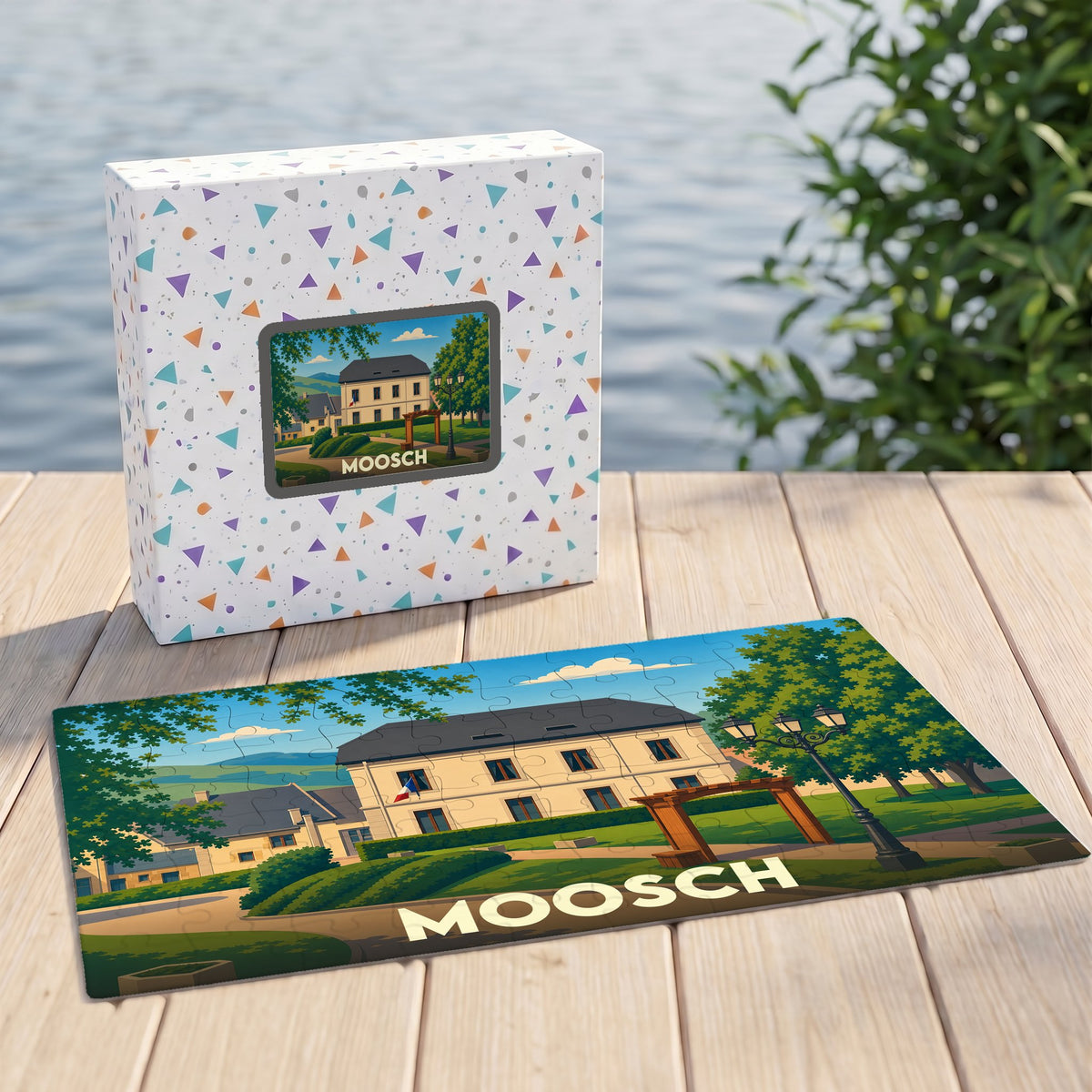 Puzzle souvenir de la ville de Moosch illustrant la mairie avec un style graphique épuré.
