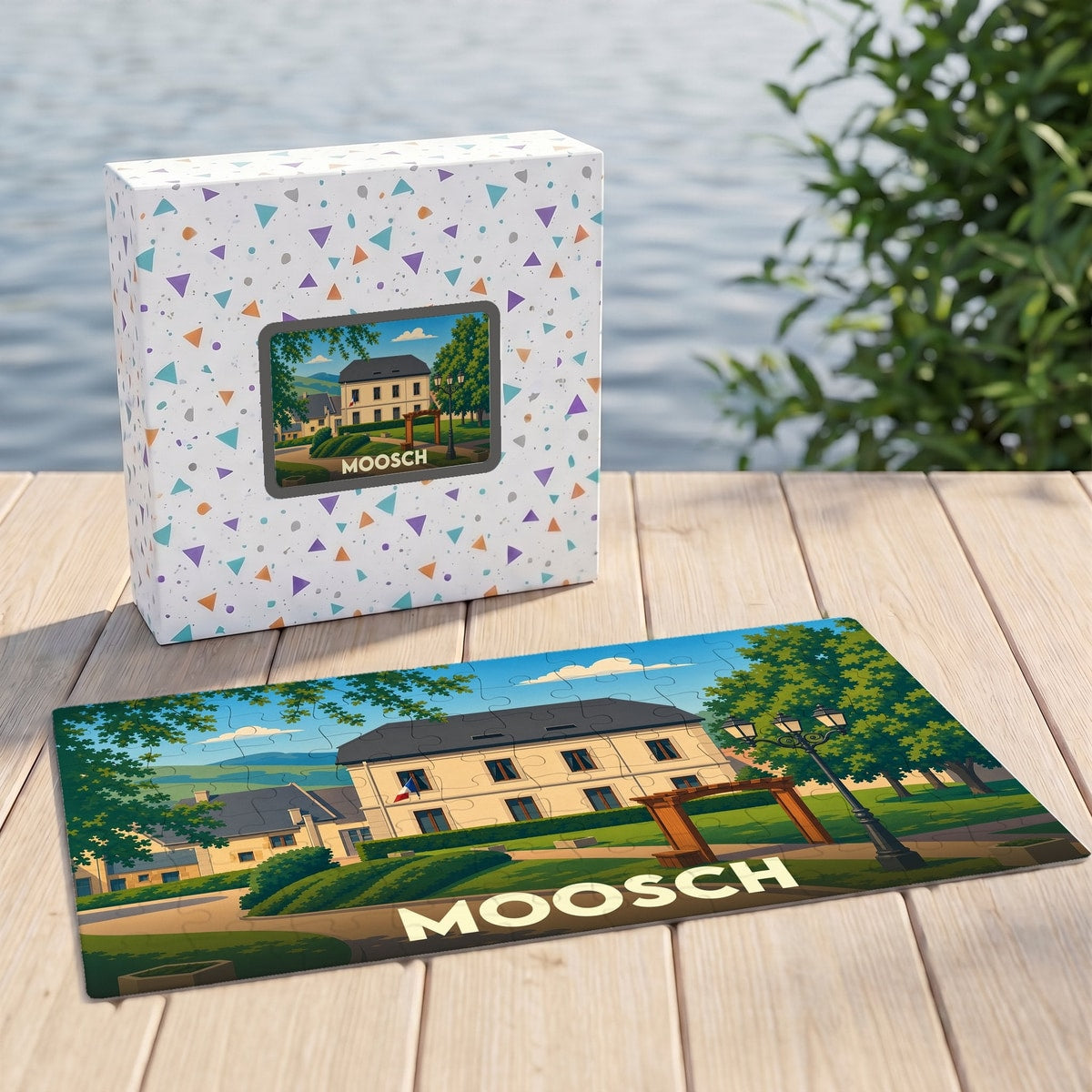 Puzzle souvenir de la ville de Moosch illustrant la mairie avec un style graphique épuré.