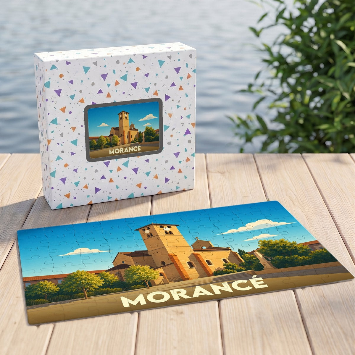 Puzzle souvenir de la ville de Morancé avec une illustration stylisée de son église et de son clocher.
