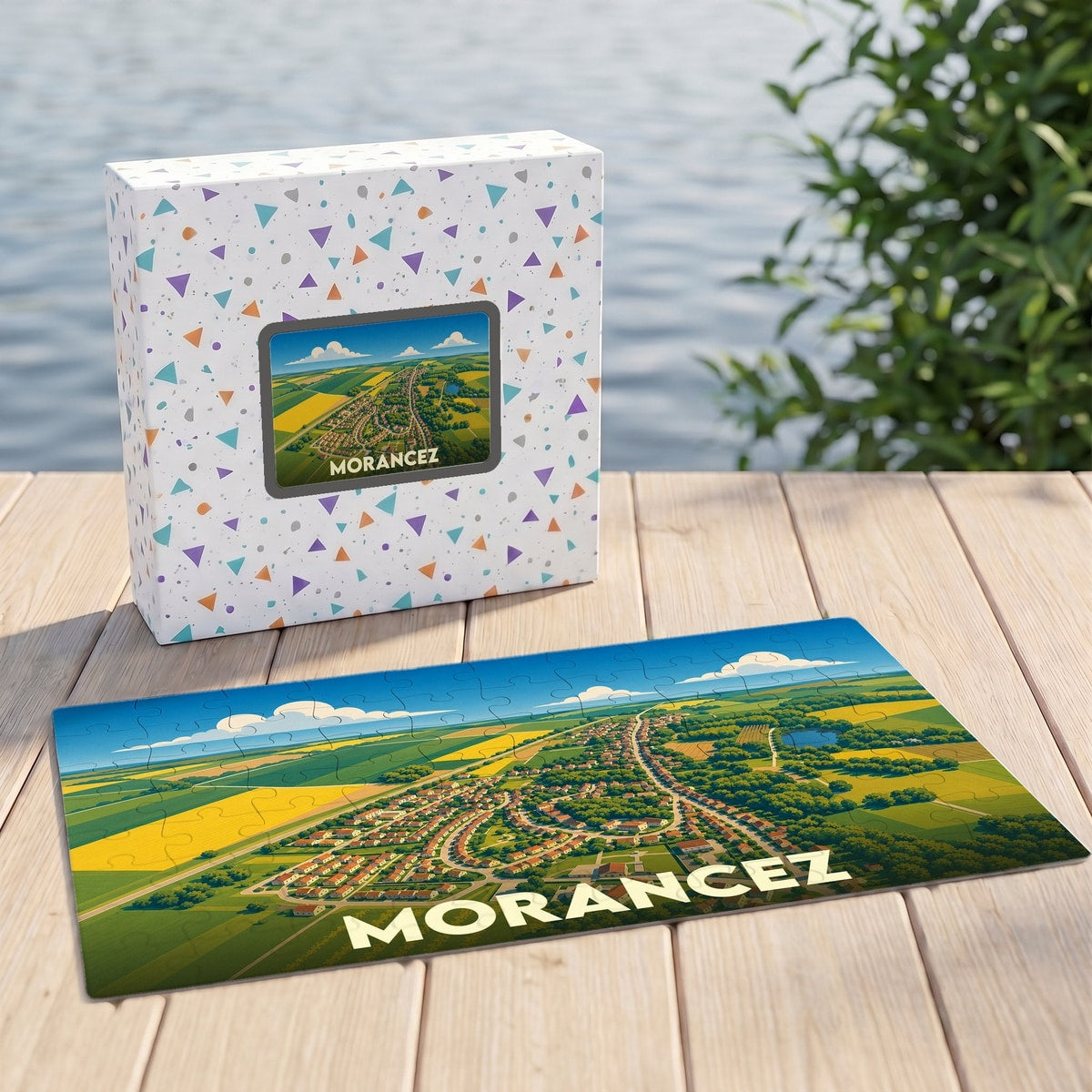 Puzzle souvenir de la ville de Morancez représentant une vue aérienne illustrée de la commune.