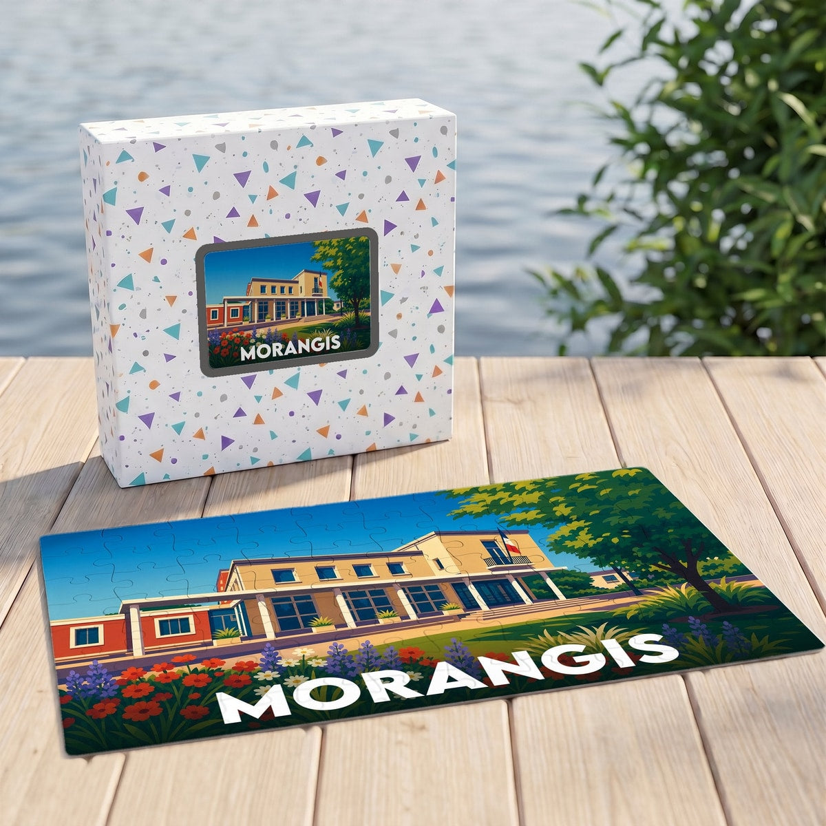 Puzzle souvenir de la ville de Morangis avec une illustration stylisée de sa mairie.