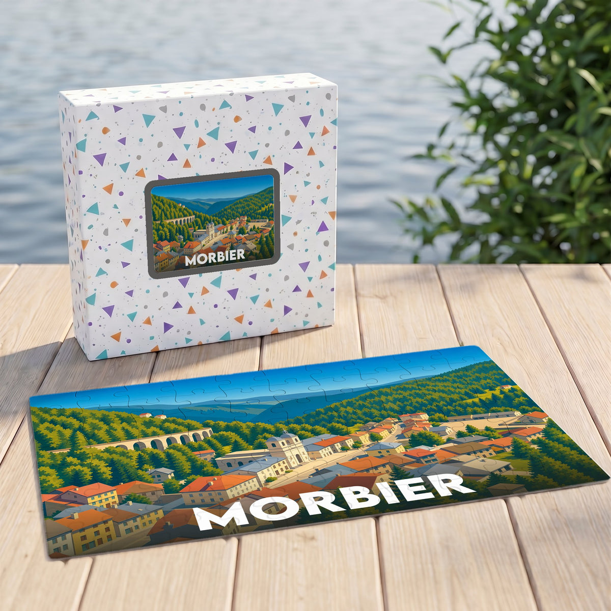 Puzzle souvenir de la ville de Morbier avec une illustration panoramique stylisée.