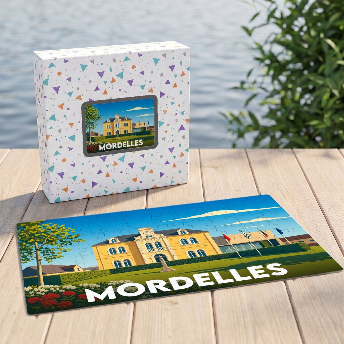 Puzzle souvenir de la ville de Mordelles avec une illustration stylisée de son hôtel de ville.