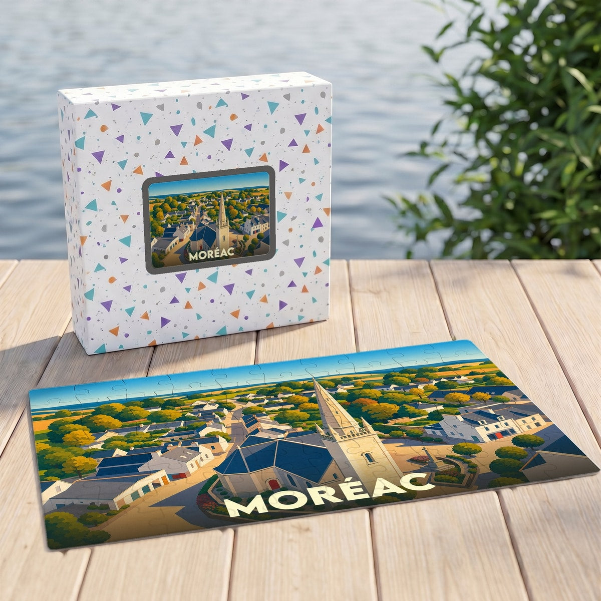 Puzzle souvenir de la ville de Moréac avec une illustration stylisée d'un paysage urbain et son église.