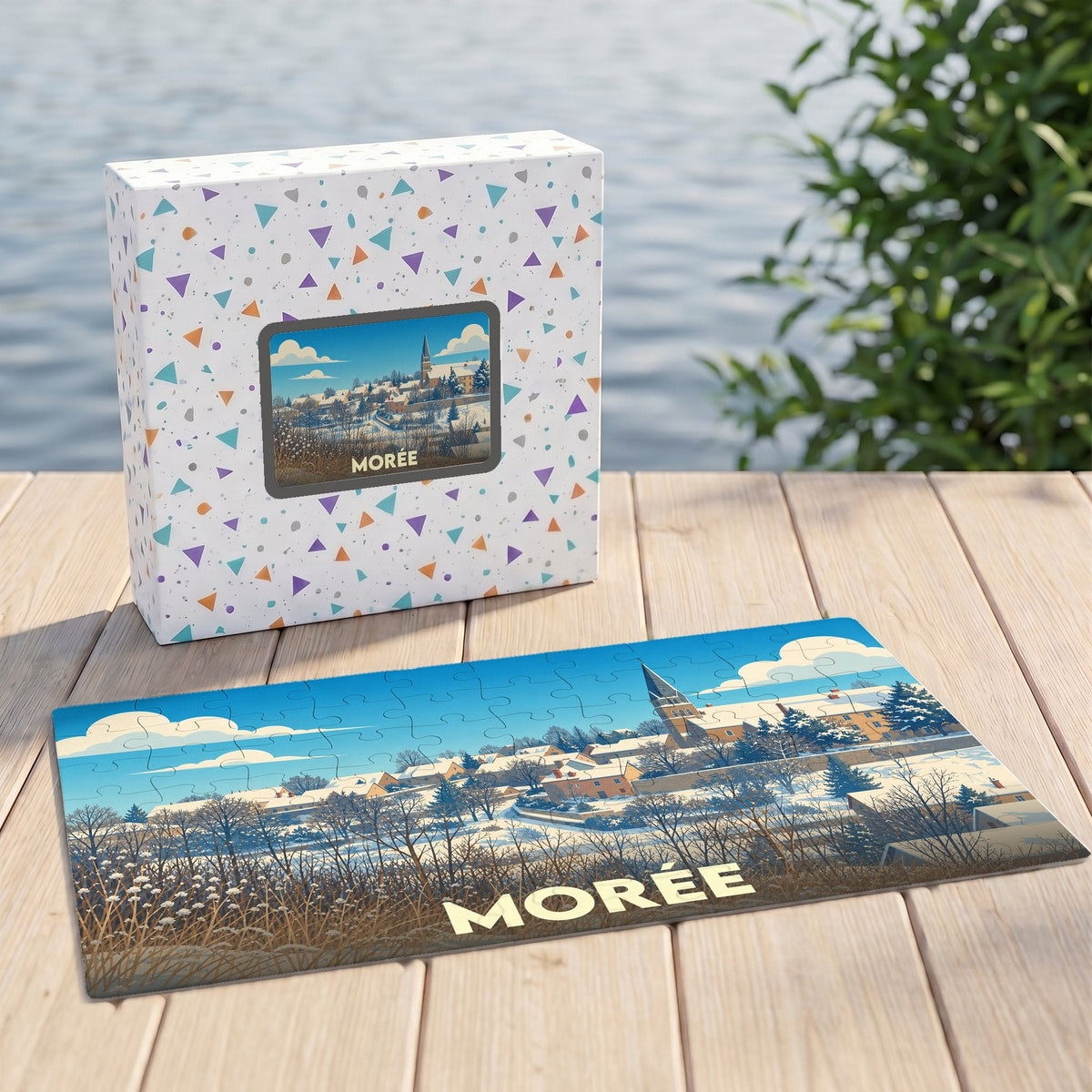 Puzzle souvenir de la ville de Morée avec une illustration hivernale stylisée.