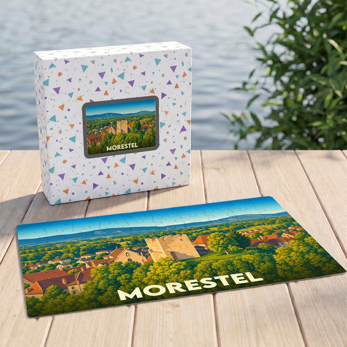 Puzzle souvenir de la ville de Morestel avec une illustration stylisée de son paysage urbain.
