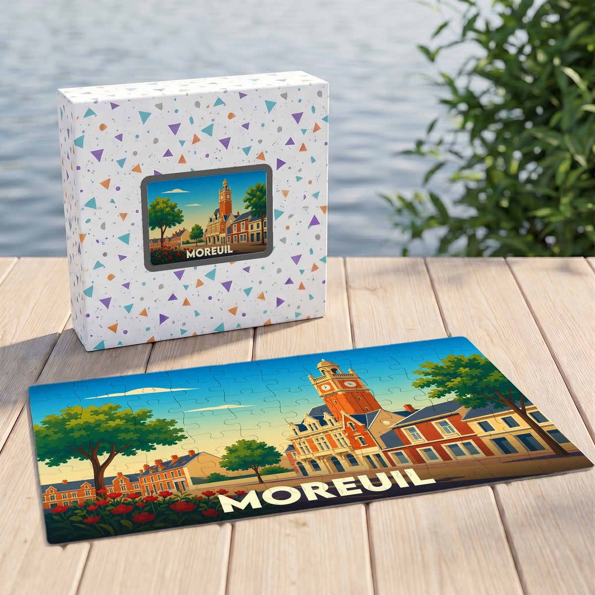 Puzzle souvenir de la ville de Moreuil avec une illustration stylisée de son hôtel de ville.