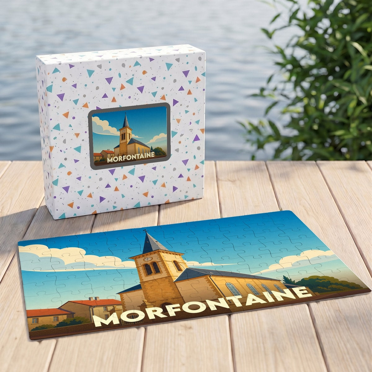 Puzzle souvenir de la ville de Morfontaine avec une illustration stylisée de son église.