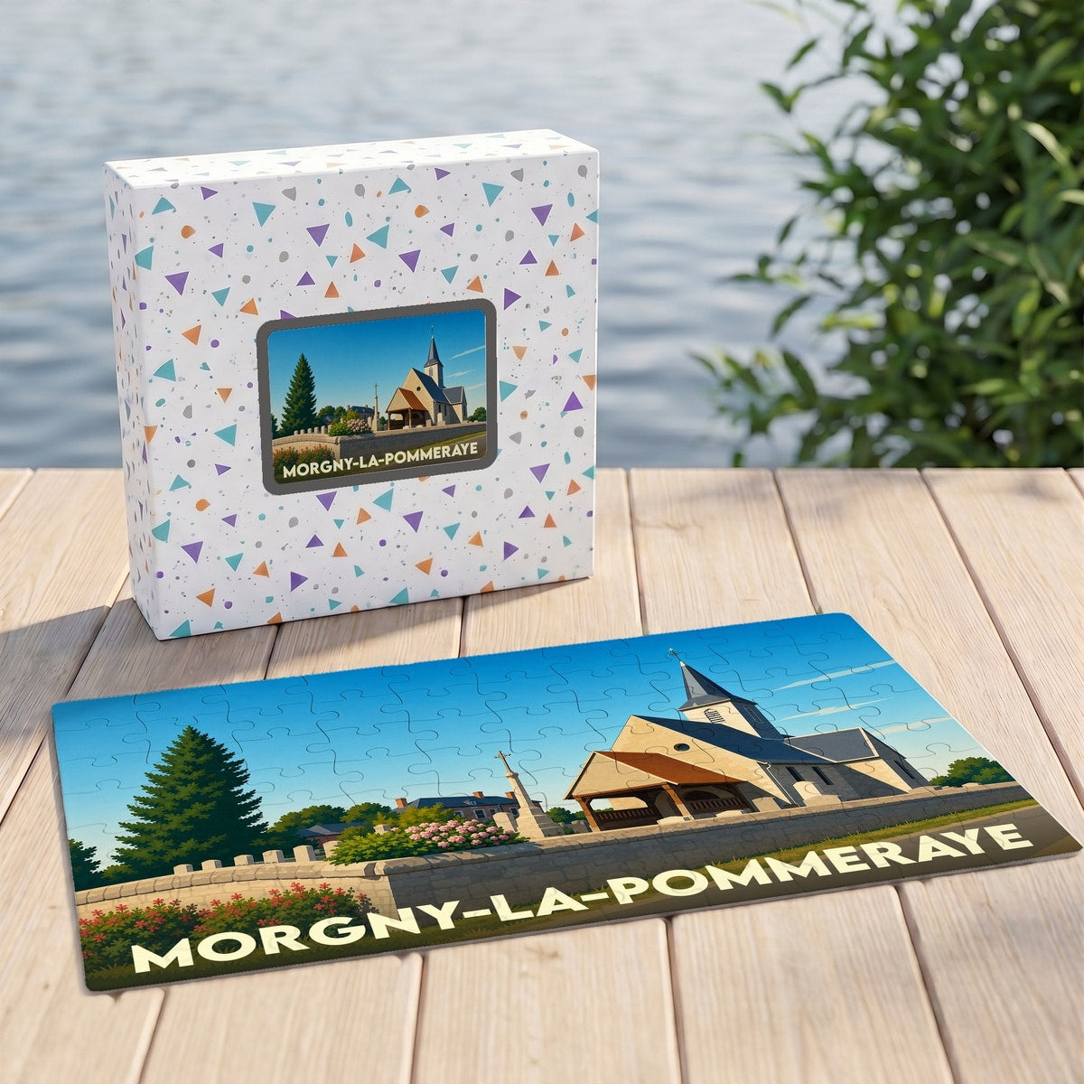 Puzzle souvenir de la ville de Morgny-la-Pommeraye avec une illustration stylisée de son église.