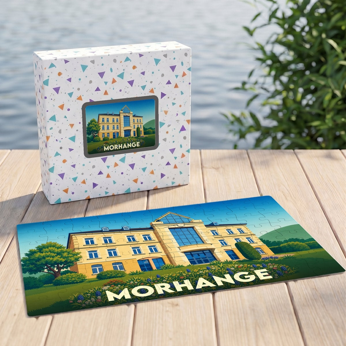 Puzzle souvenir de la ville de Morhange avec une illustration stylisée de son hôtel de ville.
