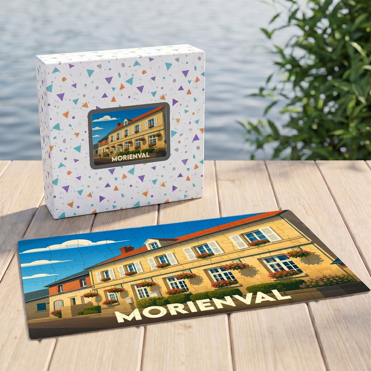 Puzzle souvenir de la ville de Morienval avec une illustration colorée de son architecture.