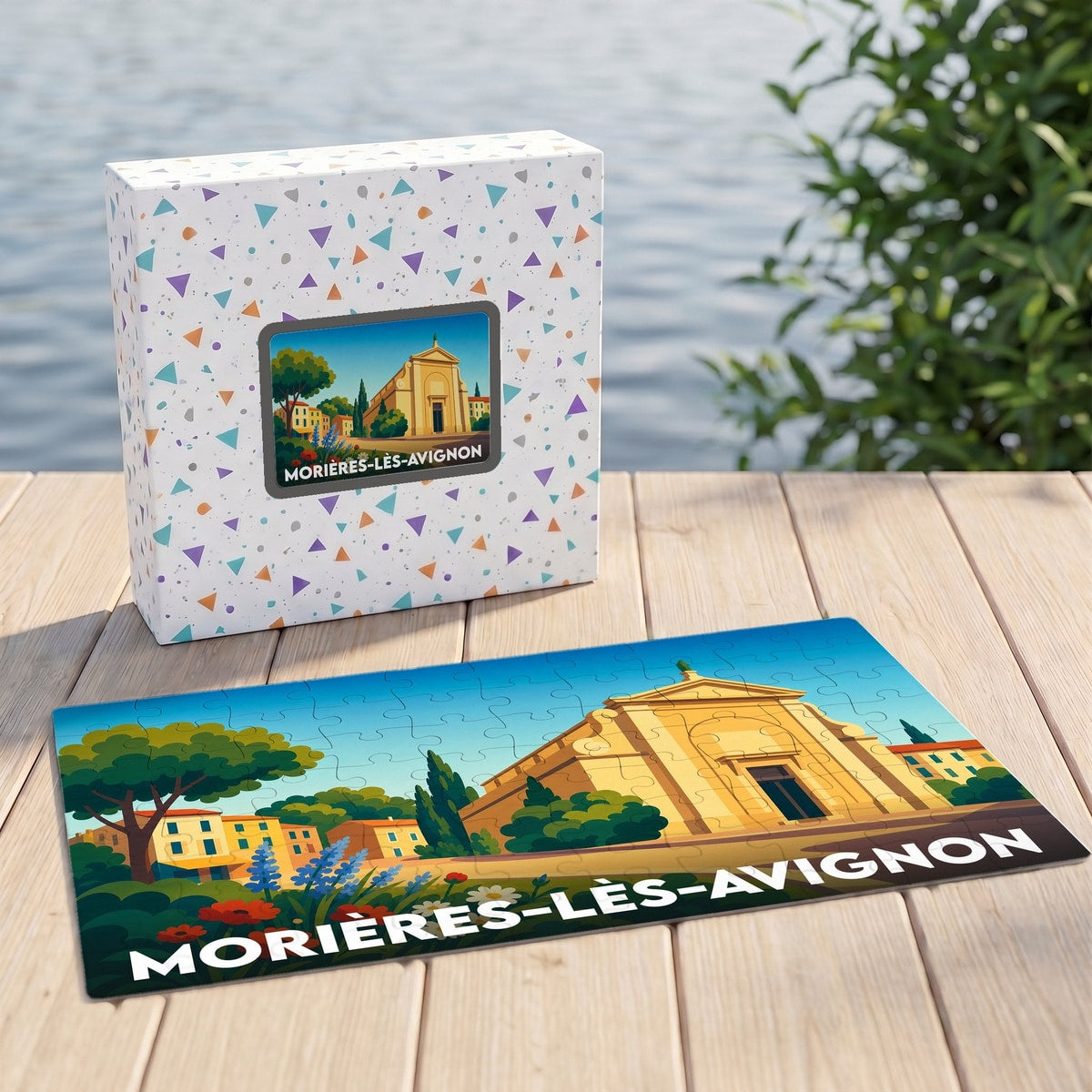 Puzzle souvenir de la ville de Morières-lès-Avignon avec une illustration stylisée et colorée de son patrimoine.