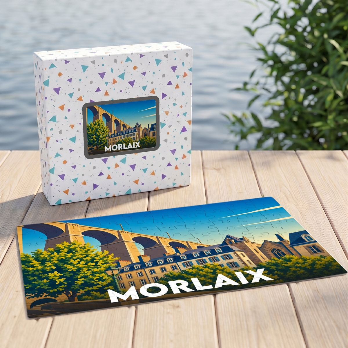 Puzzle souvenir de la ville de Morlaix présentant une illustration stylisée de son célèbre viaduc et de ses bâtiments historiques.