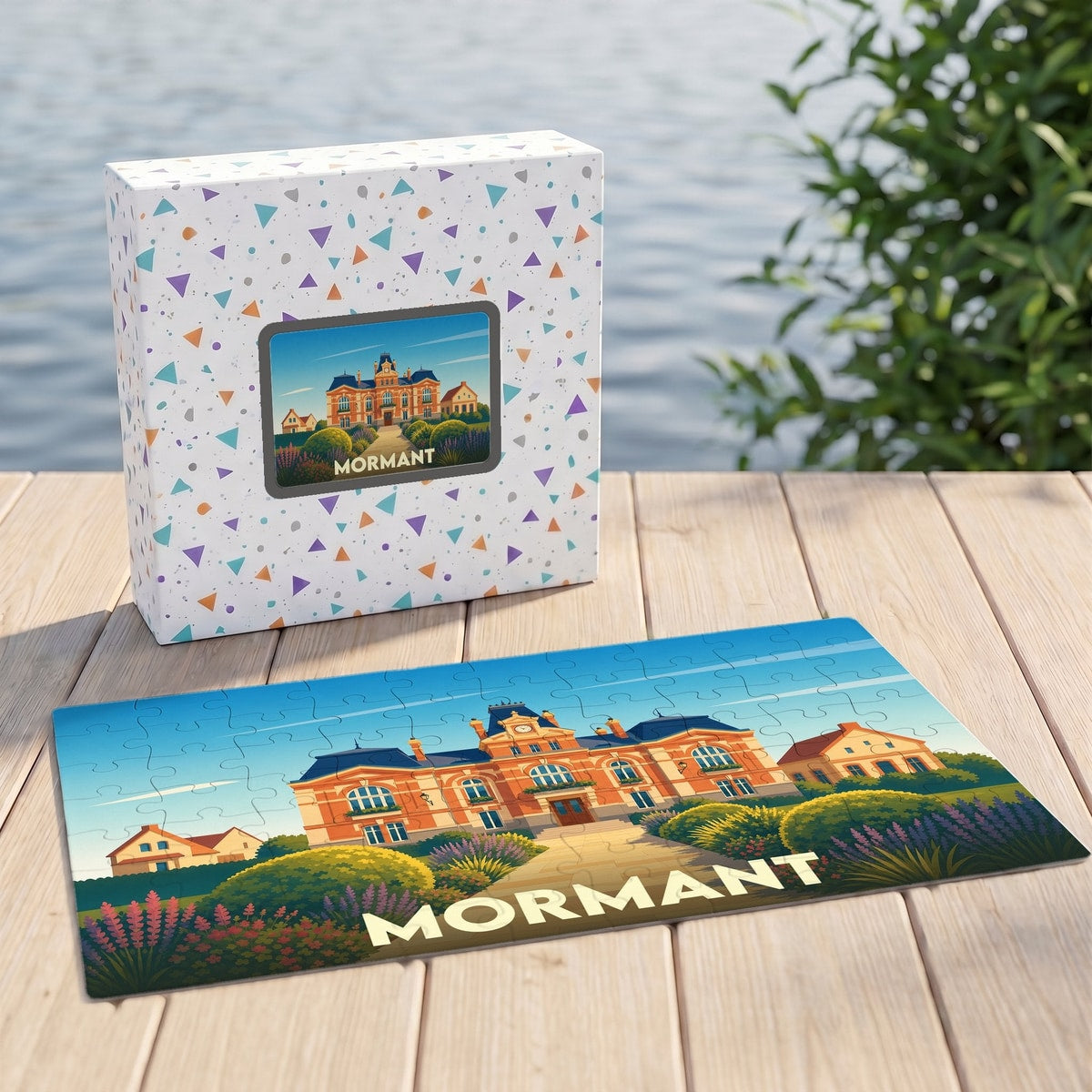 Puzzle souvenir de la ville de Mormant avec une illustration stylisée de son hôtel de ville.