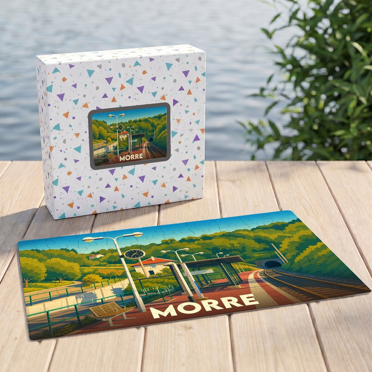 Puzzle souvenir de la ville de Morre avec une illustration stylisée d'une gare de train.