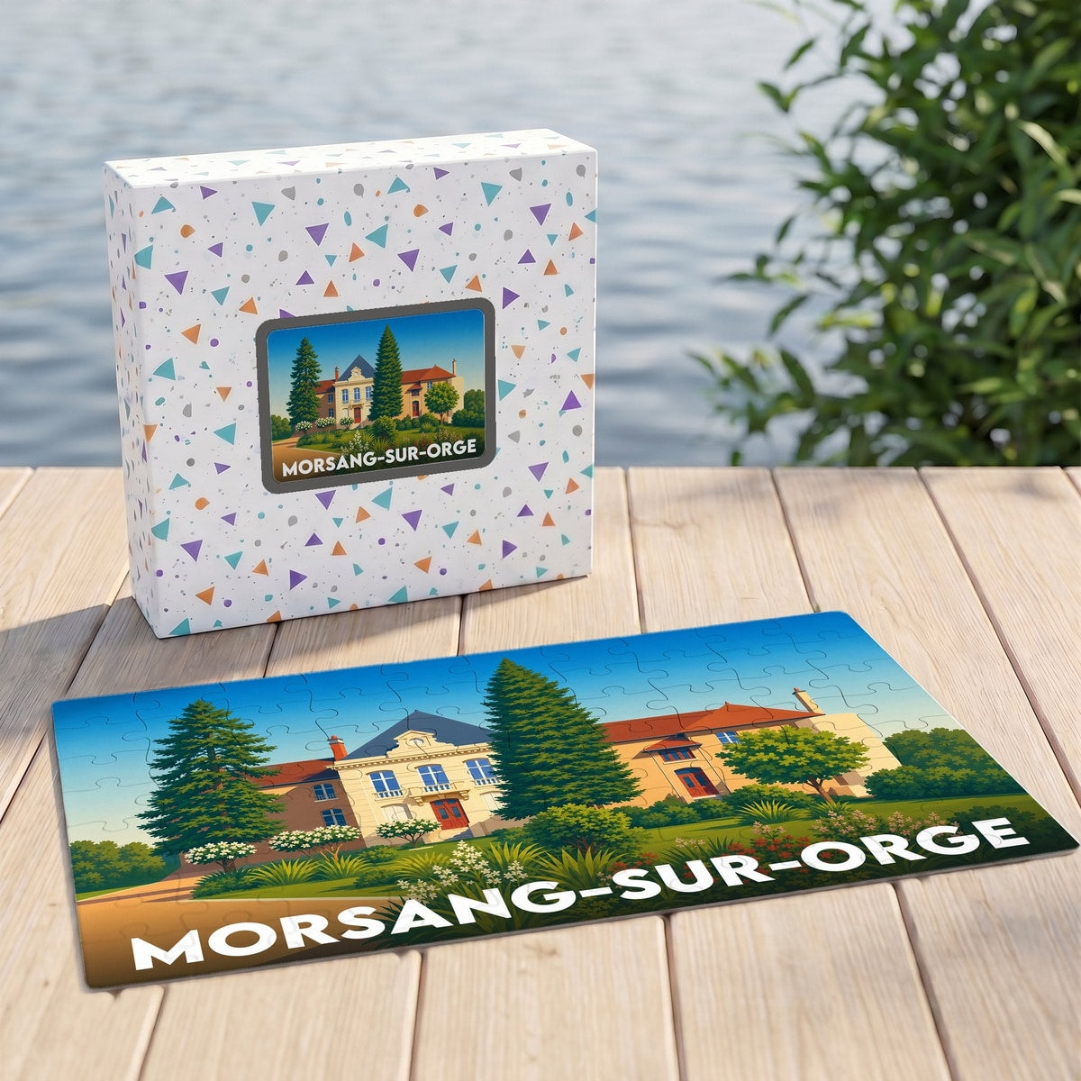 Puzzle souvenir de la ville de Morsang-sur-Orge avec son coffret et une illustration stylisée.