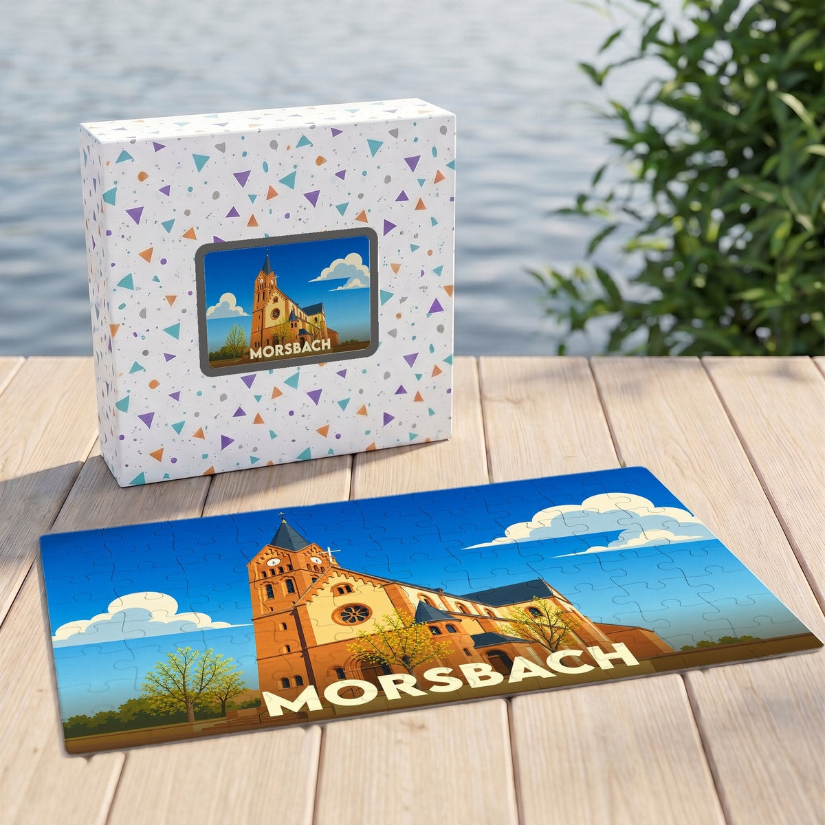 Puzzle souvenir de la ville de Morsbach illustrant une église stylisée sous un ciel bleu.