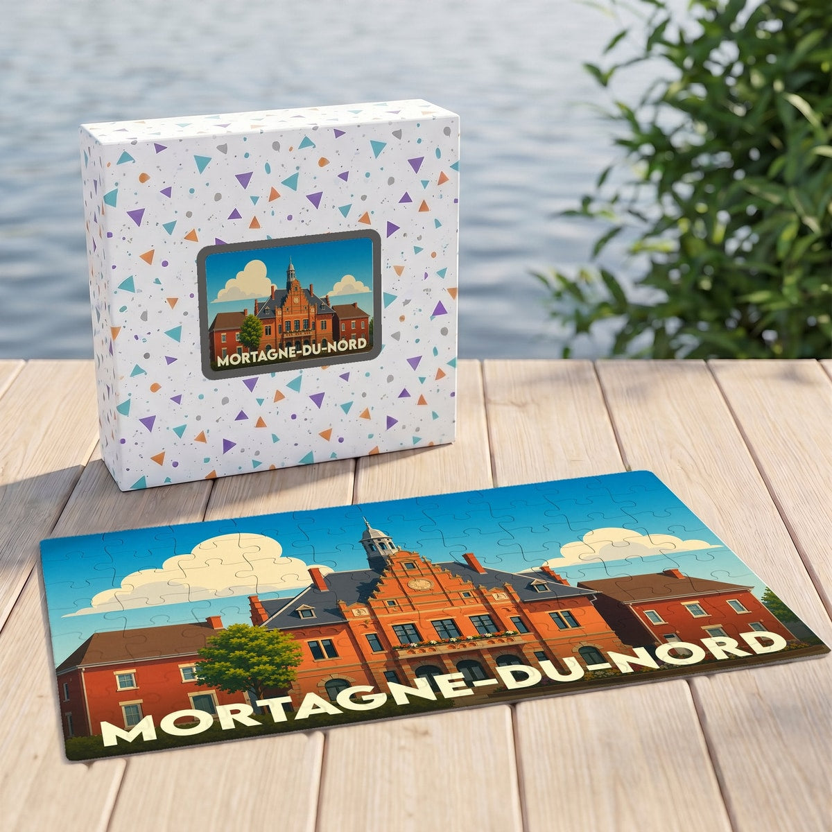 Puzzle souvenir de la ville de Mortagne-du-Nord avec une illustration stylisée d'un bâtiment historique.