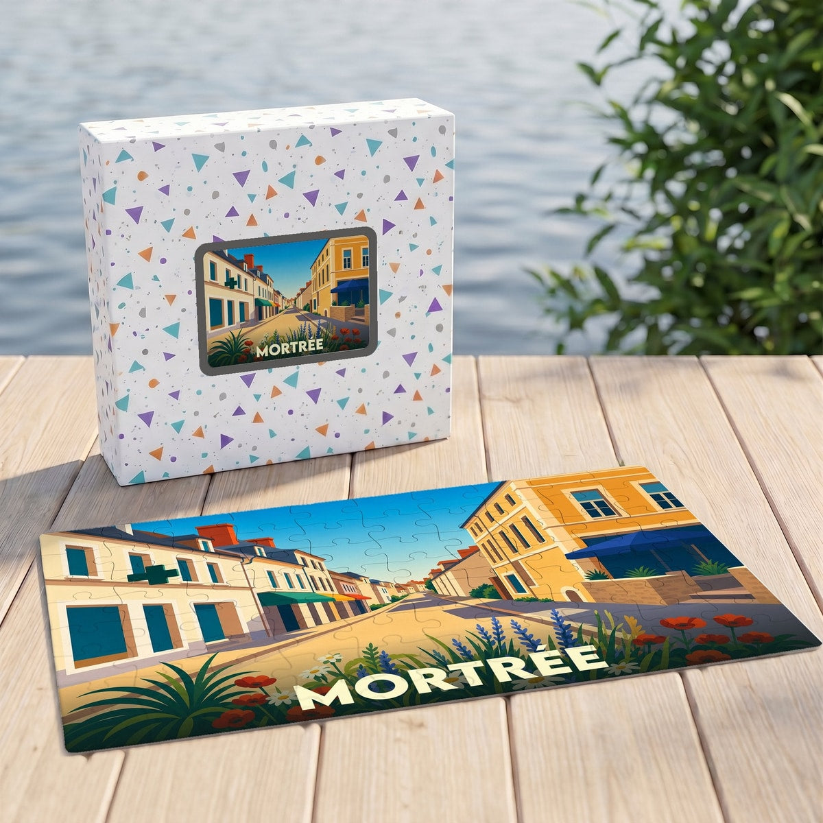 Puzzle souvenir de la ville de Mortrée avec une illustration colorée et stylisée d'une rue typique.