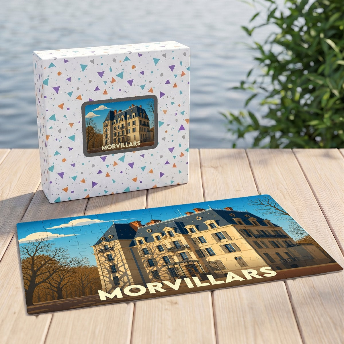 Puzzle souvenir de la ville de Morvillars avec une illustration stylisée d'un château.