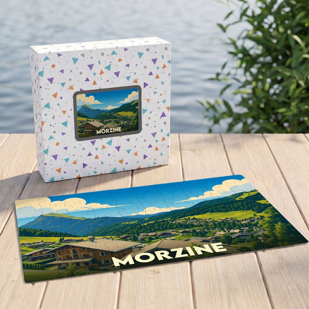 Puzzle souvenir de la ville de Morzine avec une illustration stylisée de montagne et son coffret assorti.