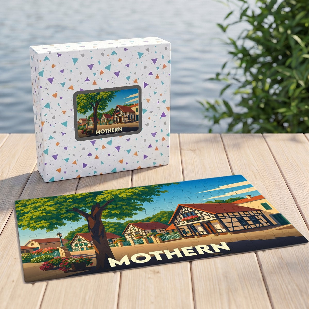 Puzzle souvenir de la ville de Mothern avec une illustration stylisée de maisons à colombages.