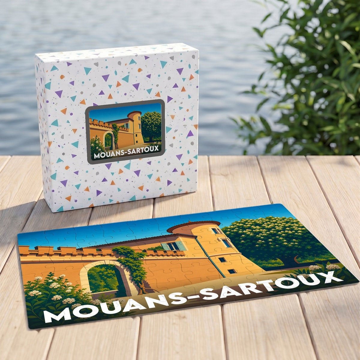 Puzzle souvenir de la ville de Mouans-Sartoux avec une illustration stylisée de son château.