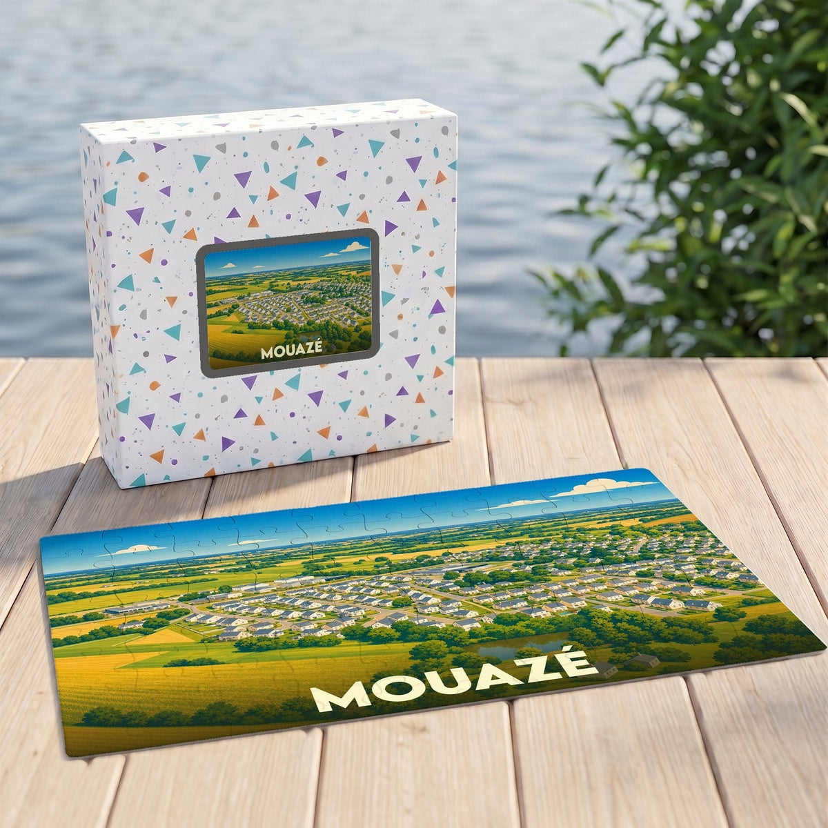 Puzzle souvenir de la ville de Mouazé avec une vue aérienne illustrée des habitations et de la campagne environnante.