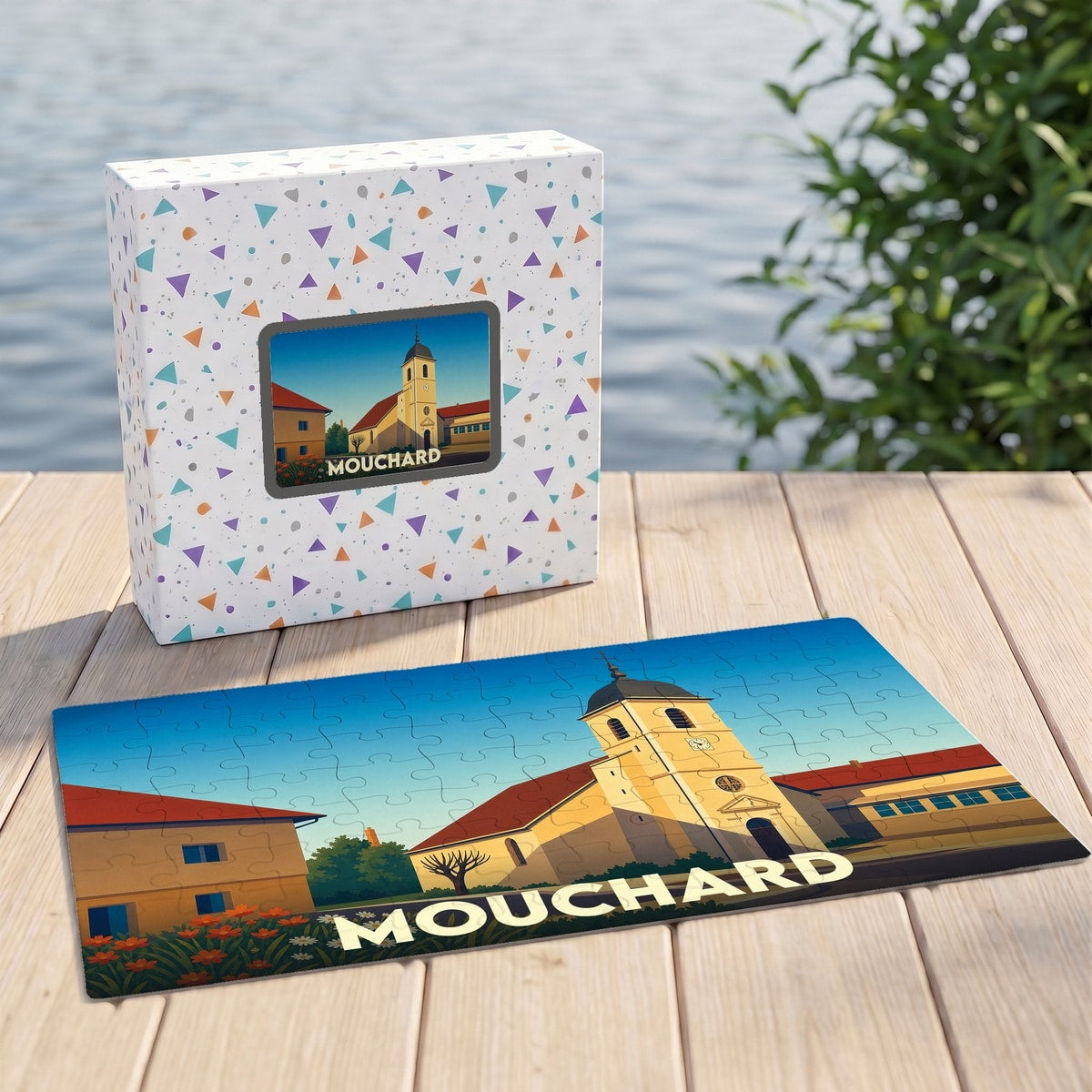 Puzzle souvenir de la ville de Mouchard avec une illustration stylisée de son église.
