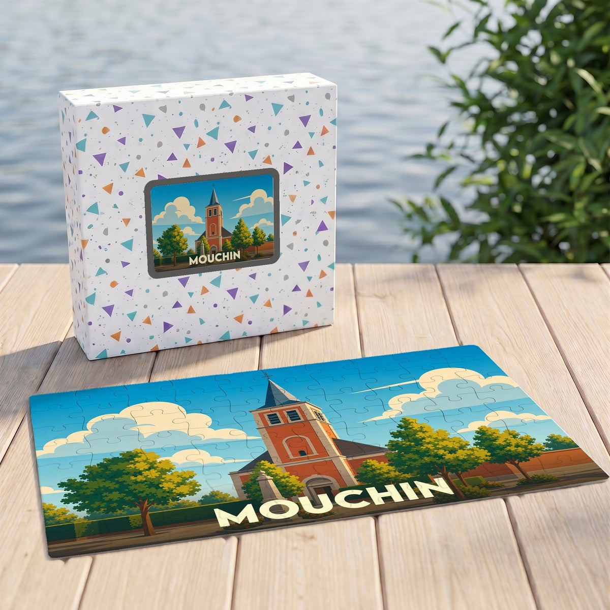 Puzzle souvenir de la ville de Mouchin avec une illustration stylisée d'une église sous un ciel nuageux.