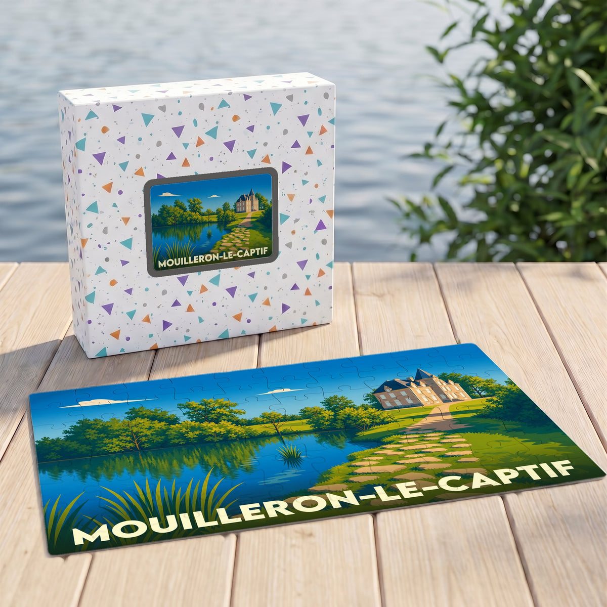 Puzzle souvenir de la ville de Mouilleron-le-Captif avec une illustration stylisée d'un château au bord de l'eau.