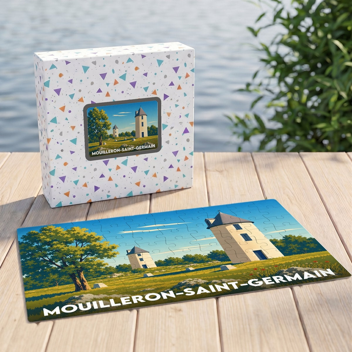Puzzle souvenir de la ville de Mouilleron-Saint-Germain présentant une illustration stylisée de ses moulins.