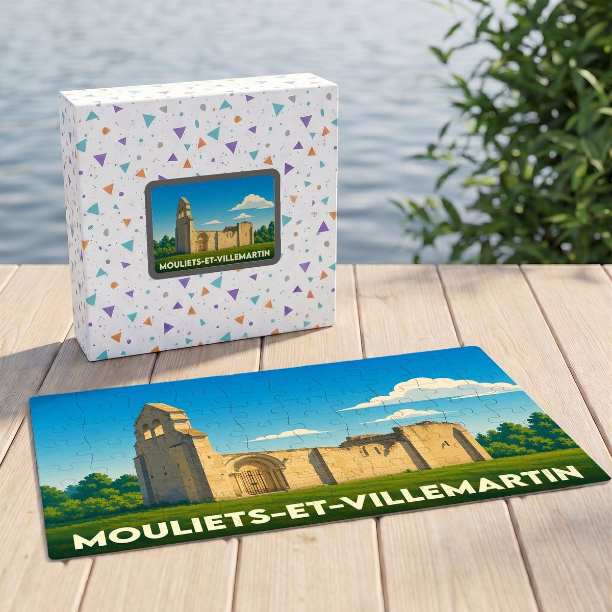 Puzzle souvenir de la ville de Mouliets-et-Villemartin avec une illustration stylisée de ses ruines historiques.