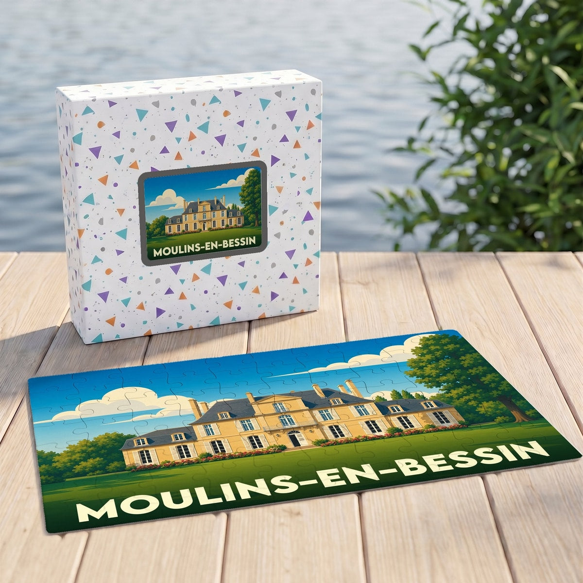 Puzzle souvenir de la ville de Moulins-en-Bessin avec une illustration stylisée de son château.