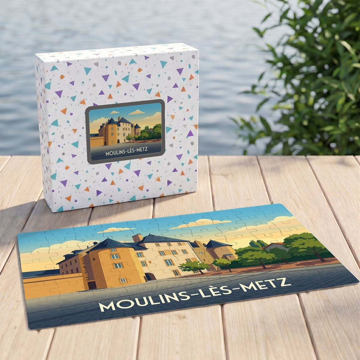 Puzzle souvenir de la ville de Moulins-lès-Metz avec une illustration stylisée d'un château.